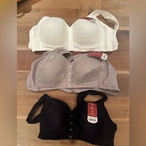 A set of 3 Lace Bras Trio Black Cream Gray Front Button